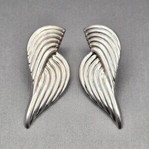 VTG Sterling Silver Angel Wing Shaped Post Earrings 1.75" Ribbed 3.4g